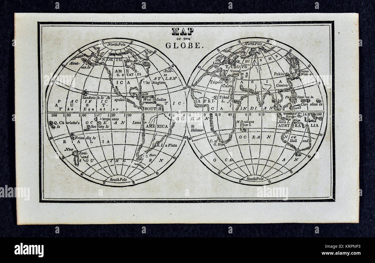 1830 Nathan Hale mappa del globo - Il mondo in emisferi - Europa Africa Asia Australia Nord e Sud America Foto Stock