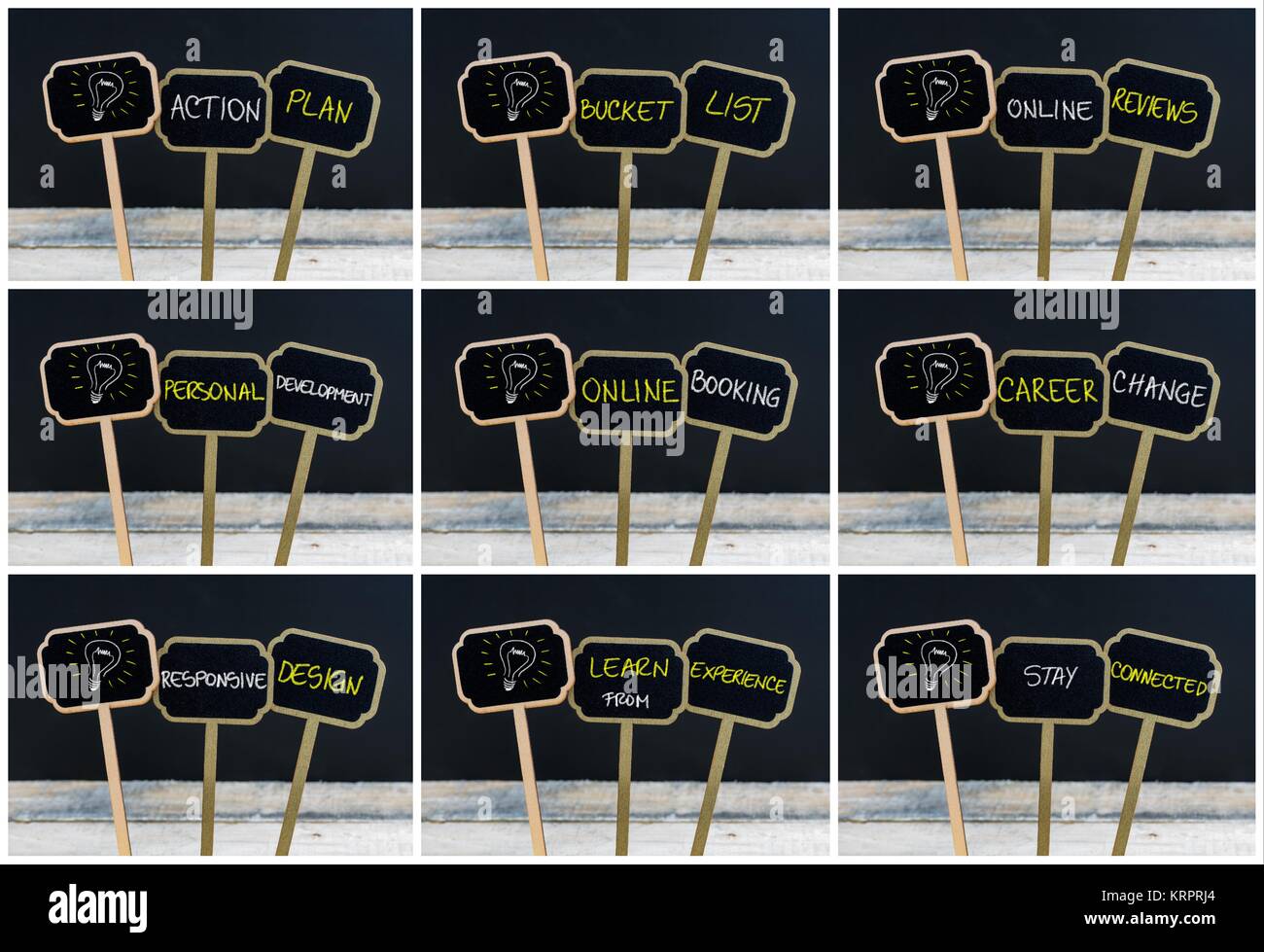 Photo Collage di concetto messaggi scritti con il gesso e la lampadina della luce come simbolo per idea Foto Stock
