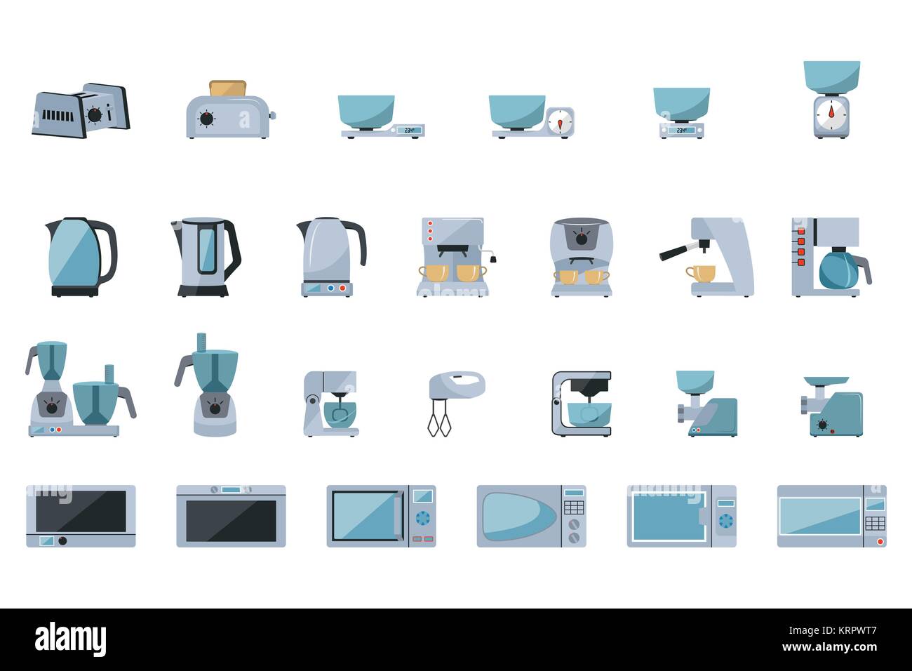 Serie di apparecchi da cucina su sfondo bianco Illustrazione Vettoriale