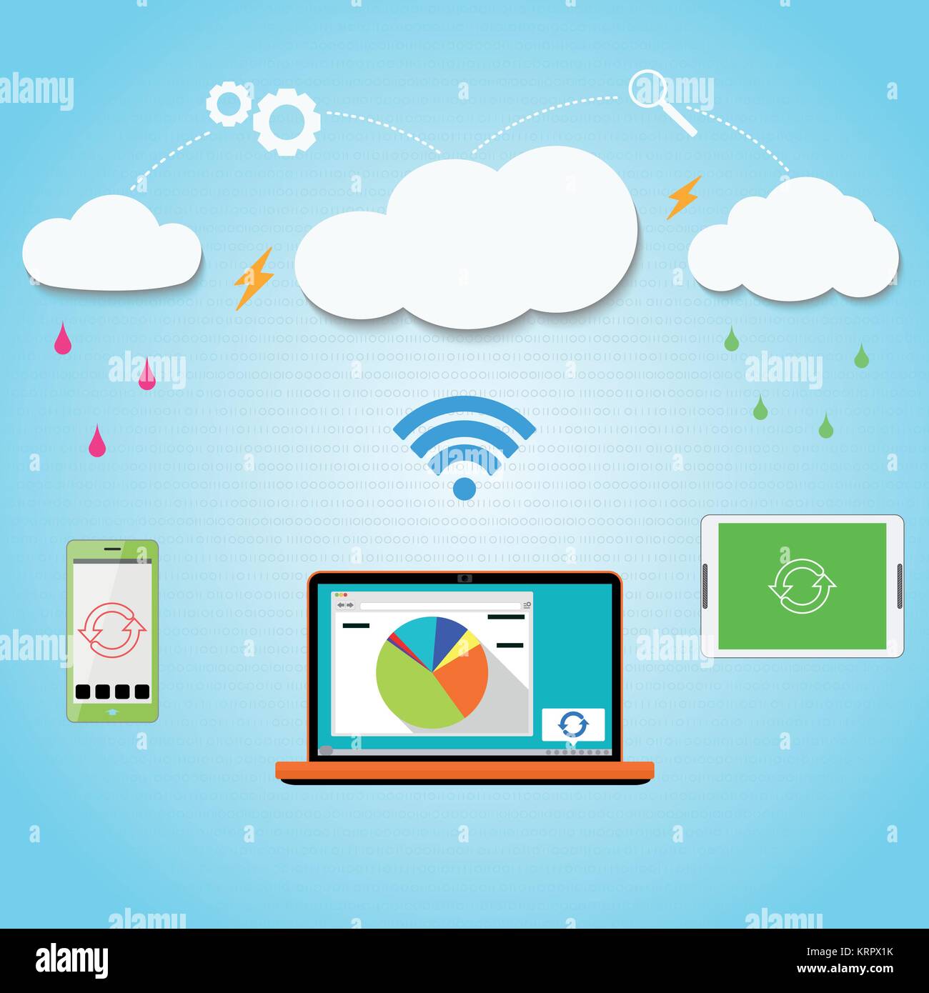 Vettore di cloud computing per lo smartphone, laptop e tablet collegato attraverso le nuvole insieme. Sfondo blu con un modello di serie di uno e zeri. Illustrazione Vettoriale