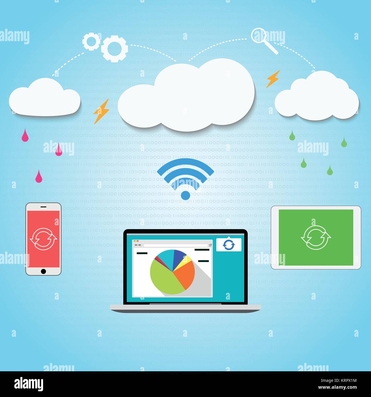 Vettore di cloud computing per lo smartphone, laptop e tablet collegato attraverso le nuvole insieme. Sfondo blu con un modello di serie di uno e zeri. Illustrazione Vettoriale