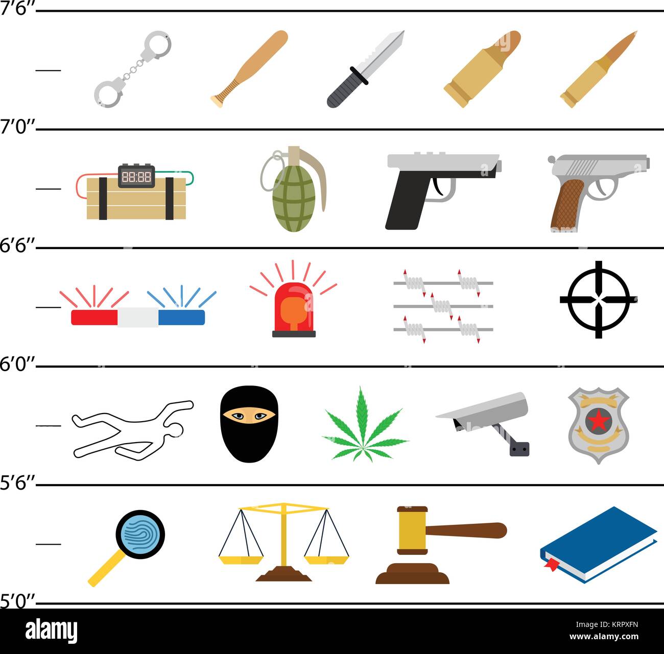 Le icone della criminalità in colori piatti stile e lineup di polizia Illustrazione Vettoriale