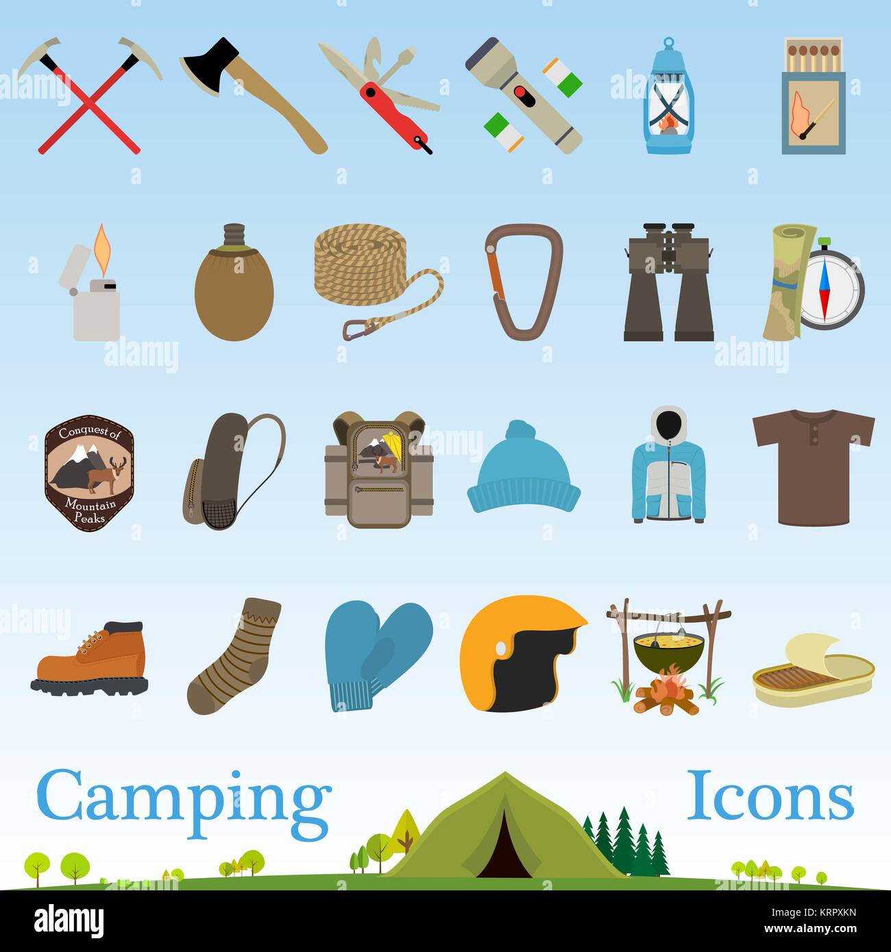 Escursioni in montagna e le arrampicate vector icon set e mini illustrazione Illustrazione Vettoriale