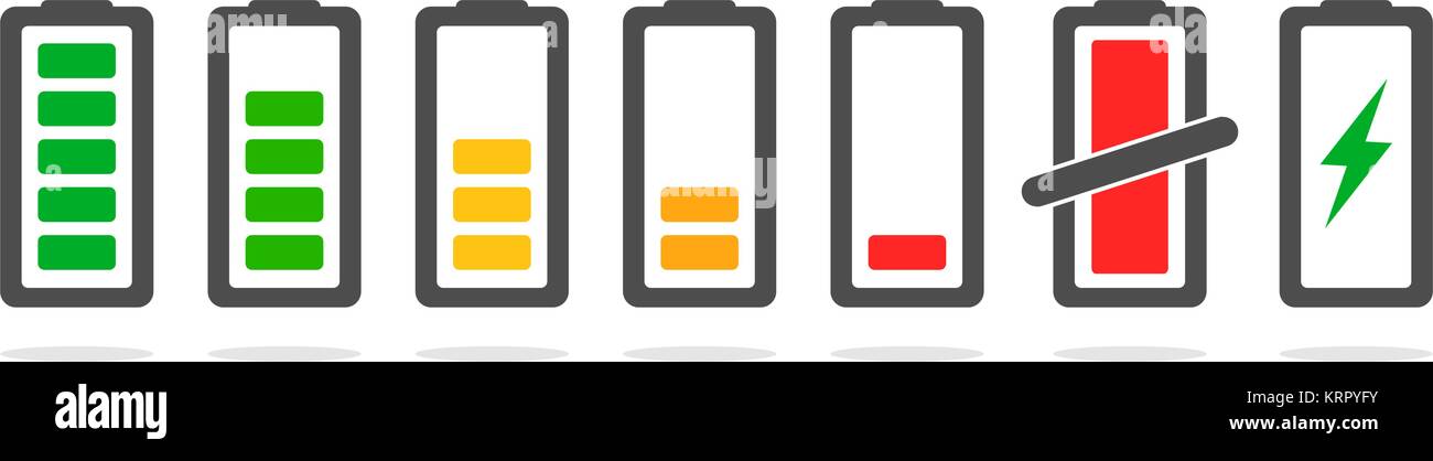 Di alimentazione e di scarico batteria carica set di icone Illustrazione Vettoriale