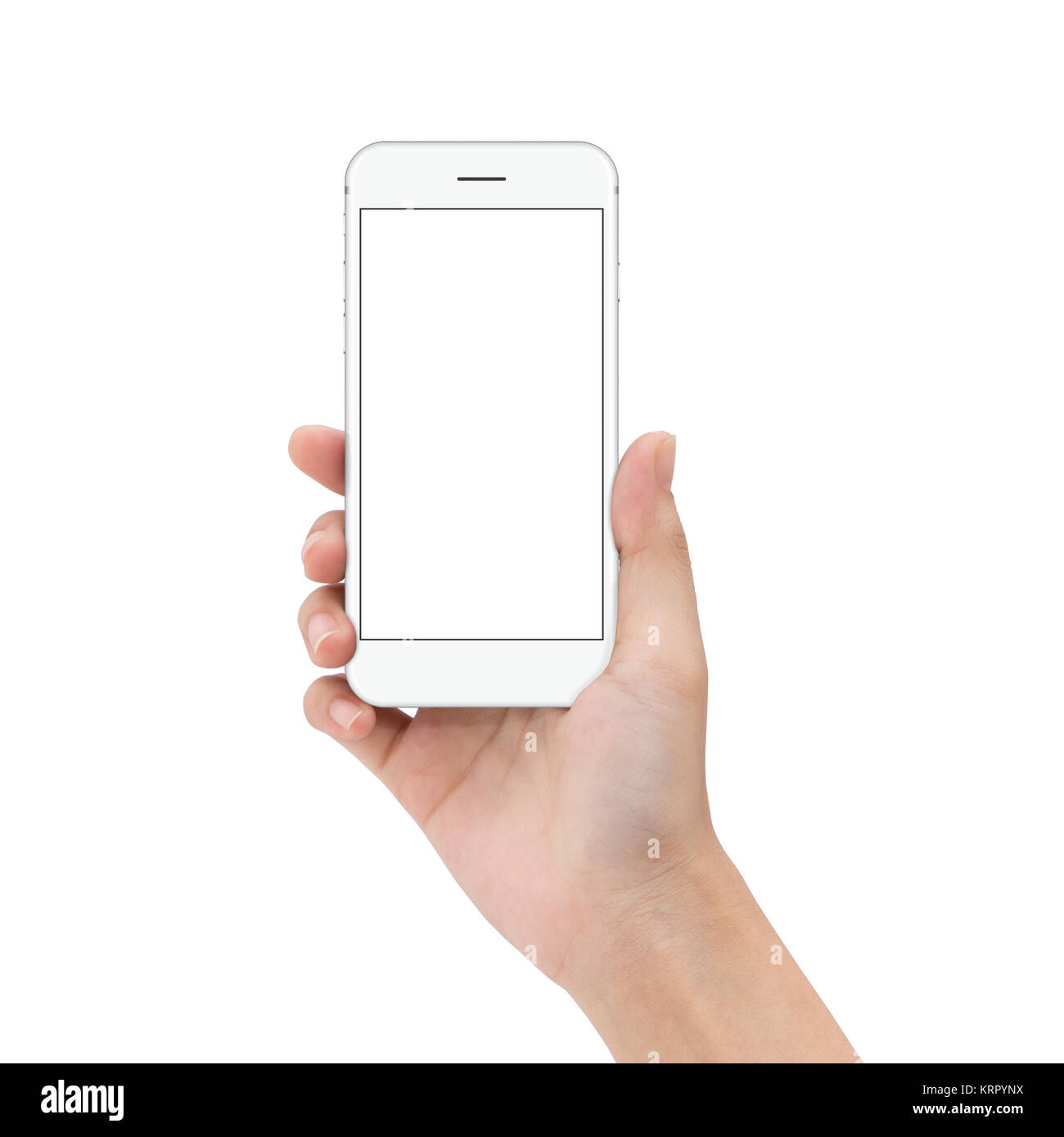 Stretta di mano tenere il telefono isolato su bianco, mock-up telefono colore bianco schermo vuoto Foto Stock