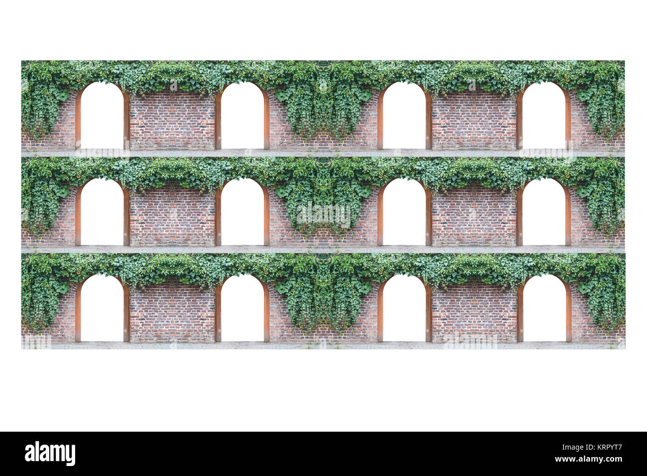 Il vecchio muro di mattoni sopra l'altra con dodici archway e ivy. th Foto Stock