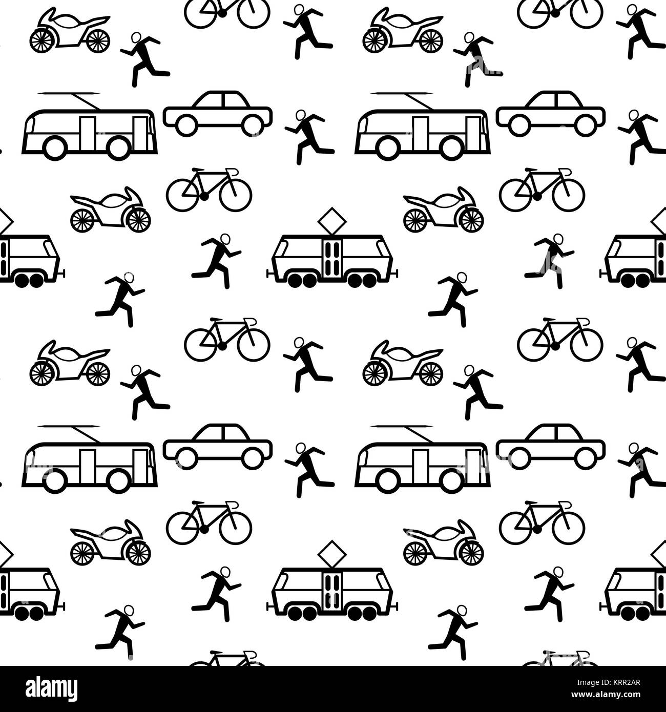 Il trasporto urbano - contour seamless pattern con autobus, tram, auto, moto, bici e l'uomo. Illustrazione Vettoriale