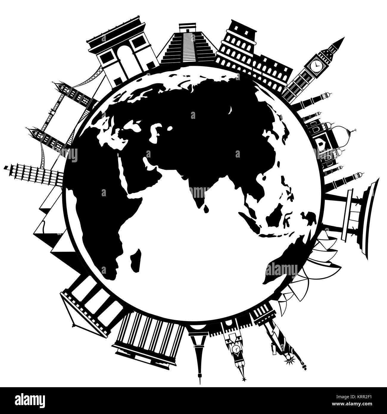 Il concetto di viaggiare in tutto il mondo. Celebri punti di riferimento internazionali Illustrazione Vettoriale