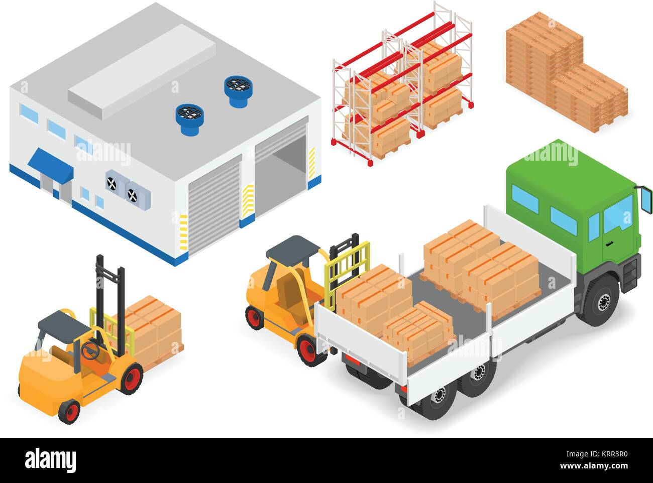 Le operazioni di carico o di scarico di un camion in magazzino. Carrelli elevatori a forche spostare il carico. Attrezzature per magazzini. Isometrica illustrazione vettoriale. Illustrazione Vettoriale