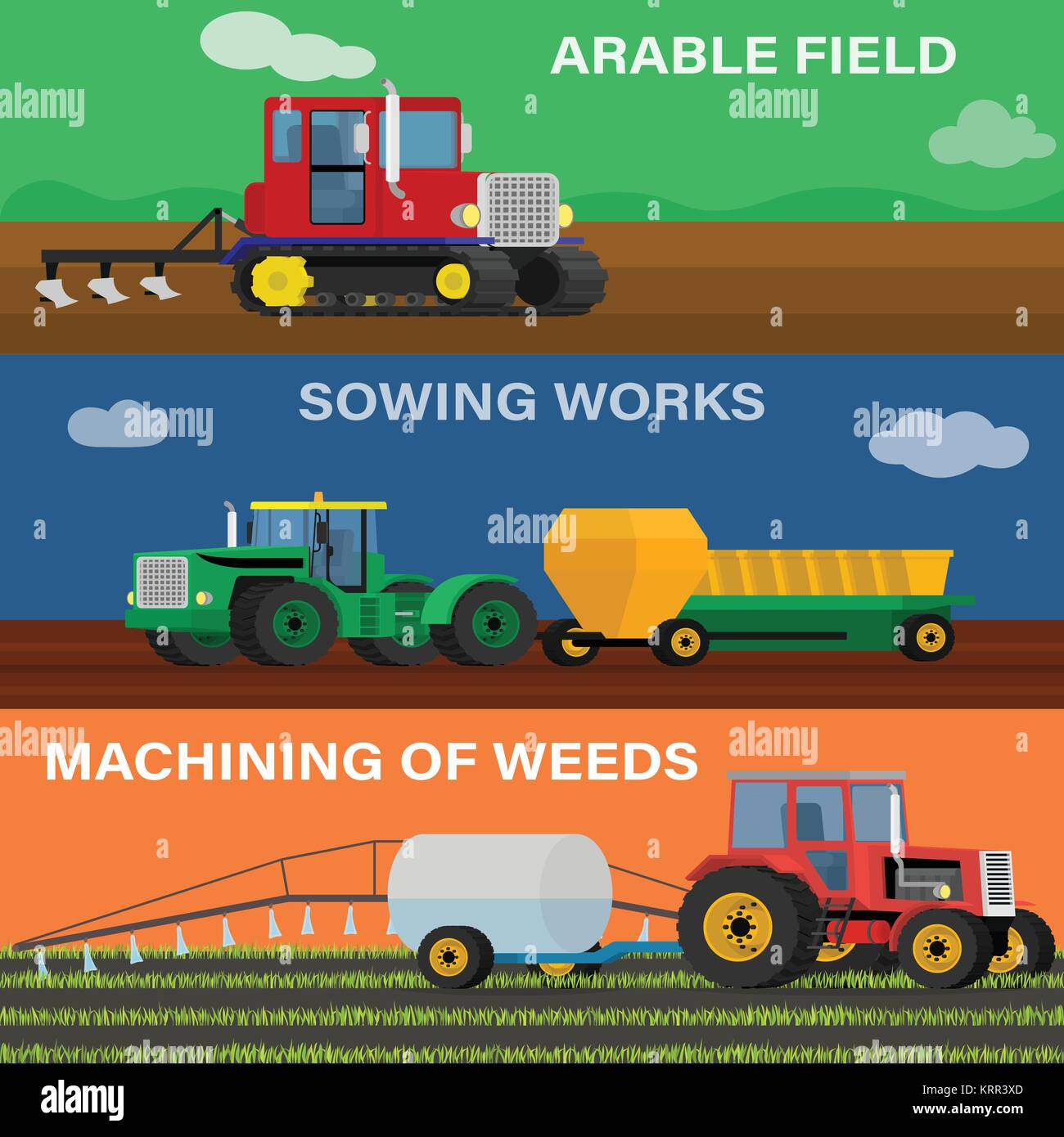 Agricoltura banner orizzontale vector set di veicoli agricoli e macchine agricole. Illustrazione del processo di semina, coltivazione e cura. Illustrazione Vettoriale