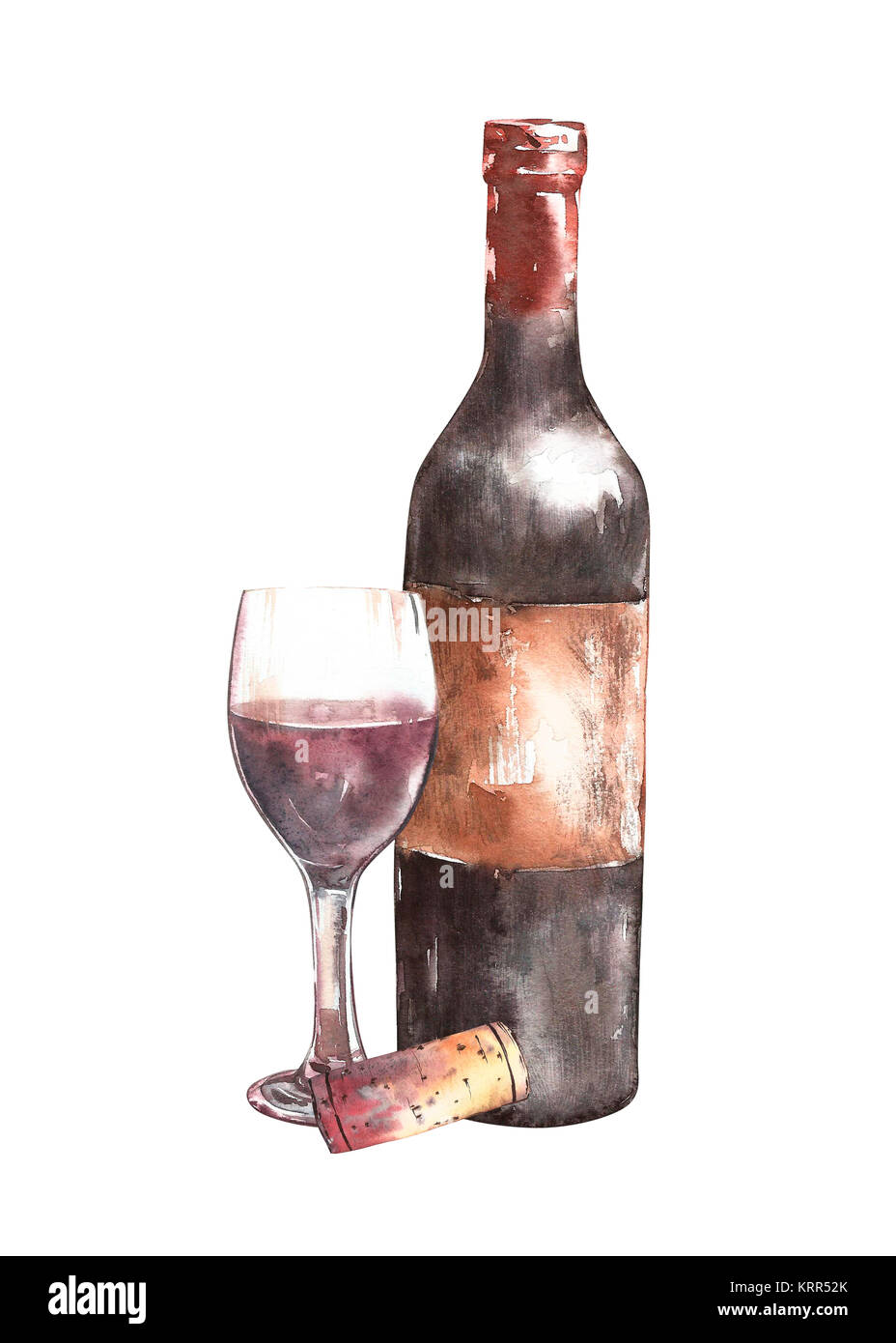 Composizione con bottiglia di vino, il vetro e il sughero. Isolato su  sfondo bianco. Disegnato a mano illustrazione ad acquerello Foto stock -  Alamy