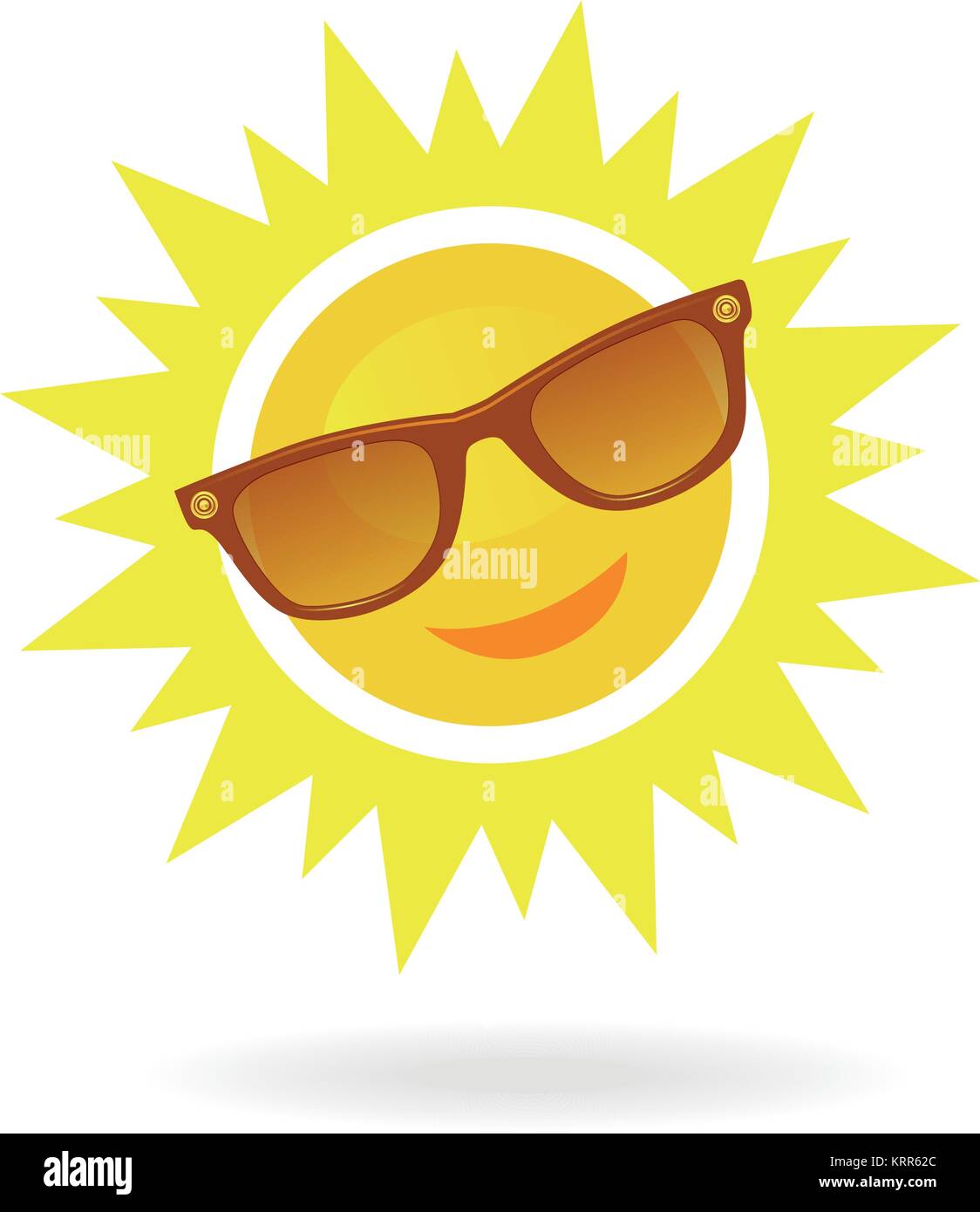 Allegro, sorridente cartoon sun in occhiali da sole su sfondo bianco. Può essere usato come un concetto a una eclissi solare. Illustrazione Vettoriale Illustrazione Vettoriale