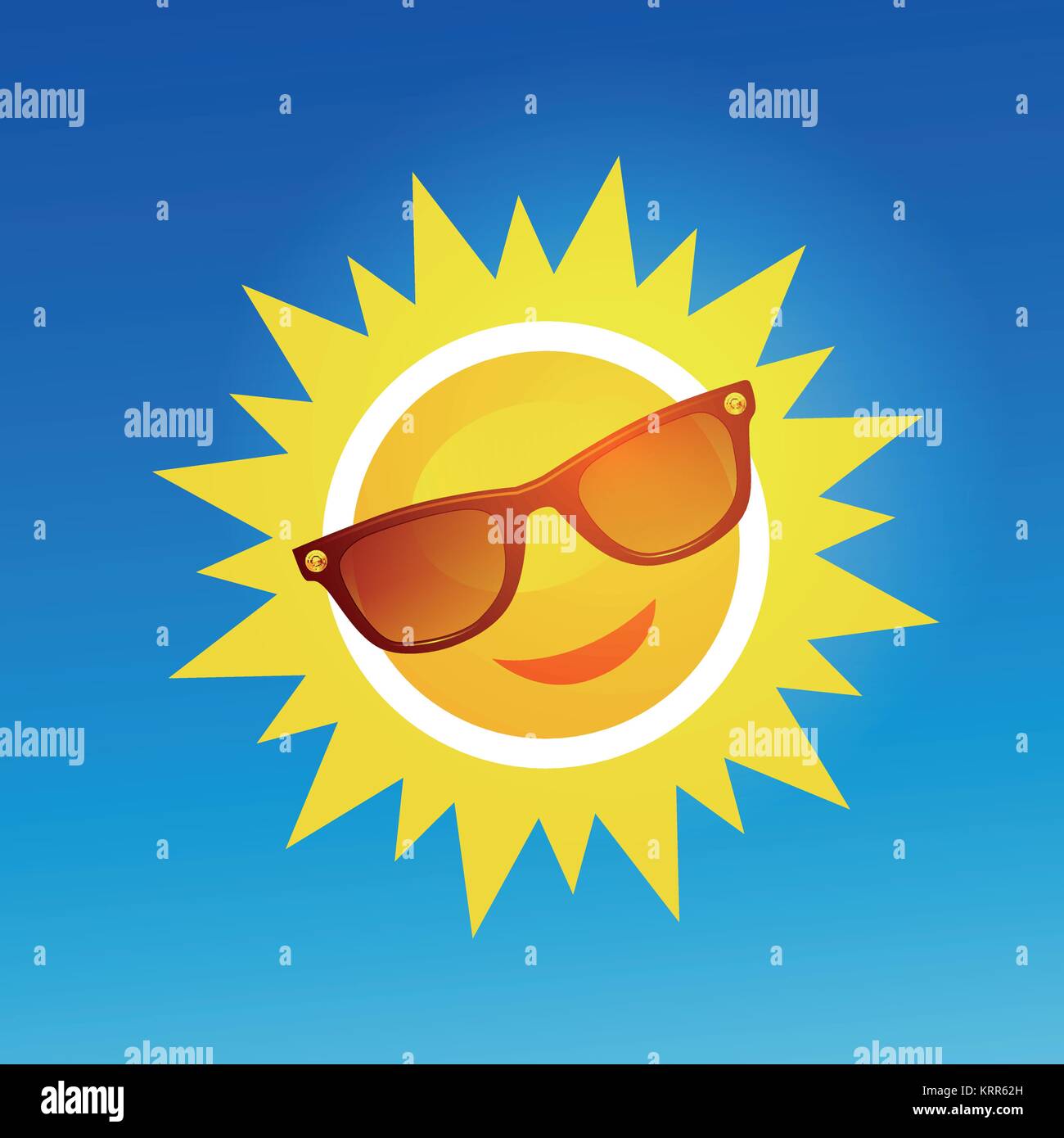 Allegro, sorridente cartoon sun in occhiali da sole su sfondo blu. Illustrazione Vettoriale Illustrazione Vettoriale