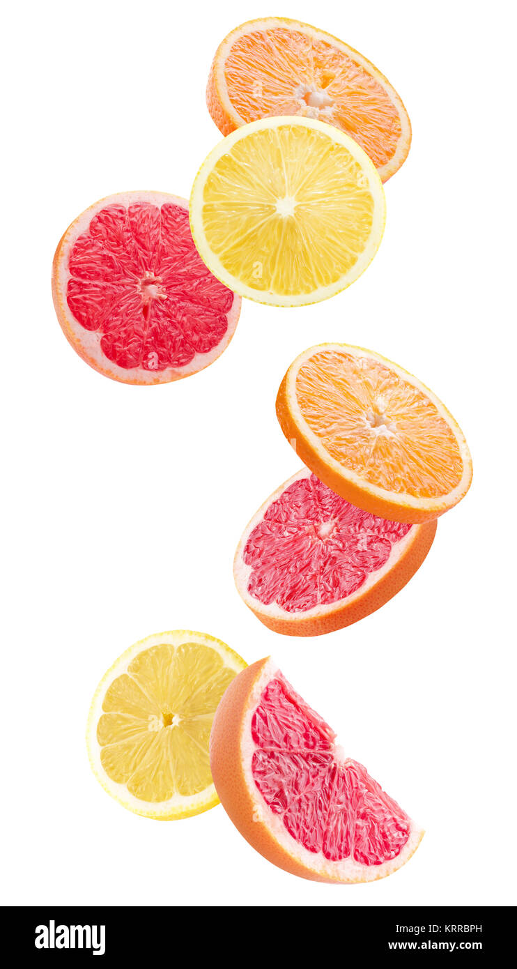 Arancio, Limone e Pompelmo fette isolato su uno sfondo bianco. Foto Stock