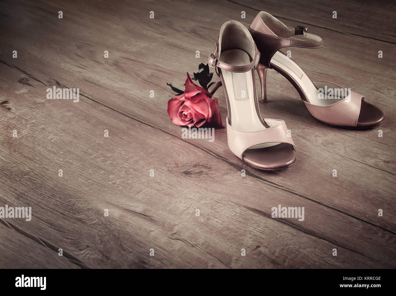 Tango Argentino scarpe con una rosa su pavimento di legno, lo spazio per il testo Foto Stock