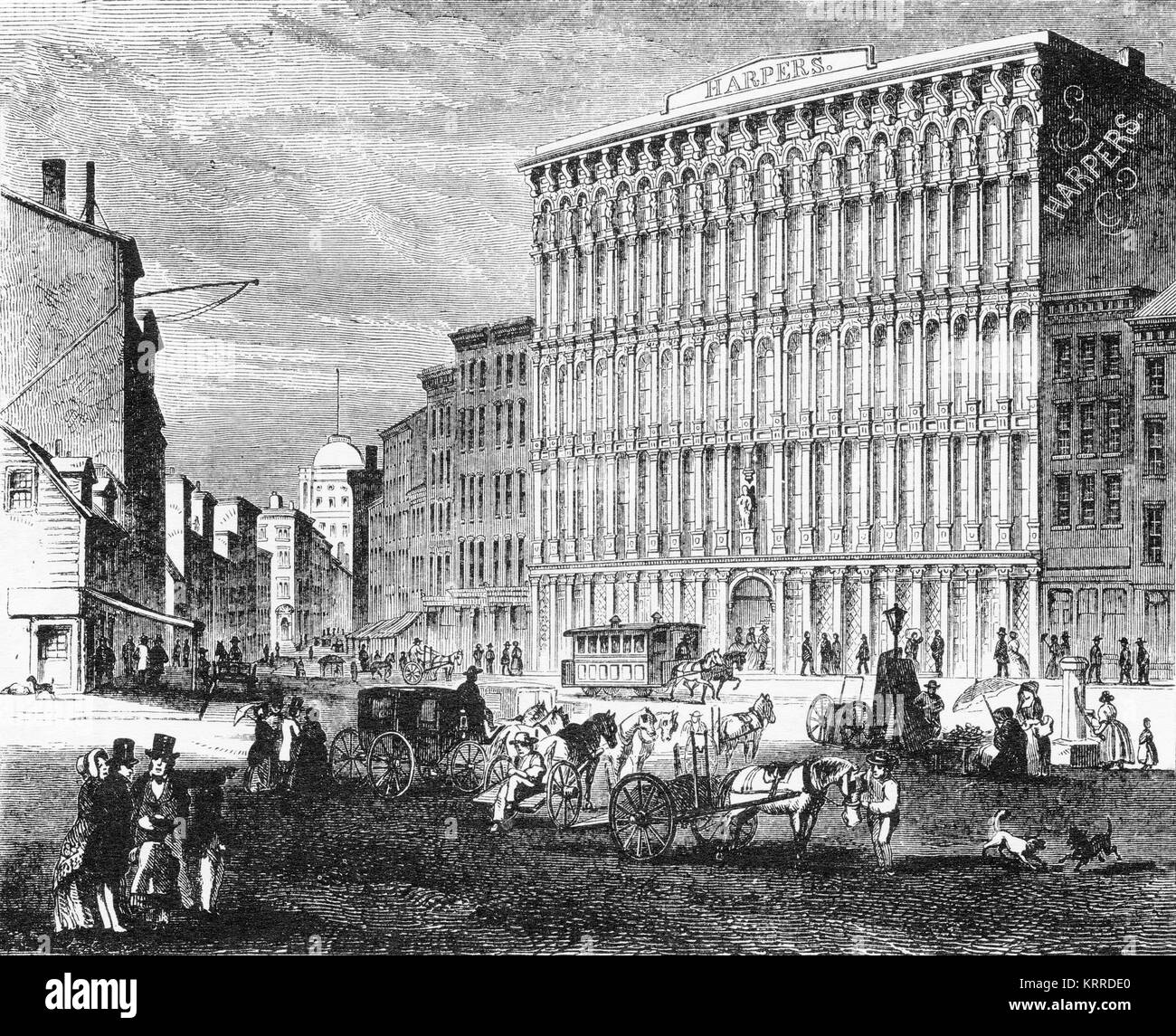 Incisione del Harpers printing company Building a New York. Da Harper stabilimento da Jacob Abbott, 1855. Foto Stock