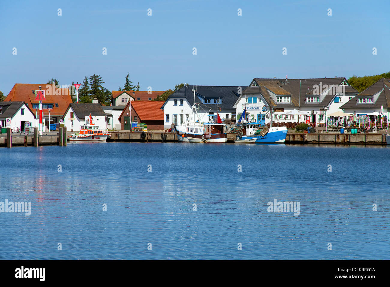 Vista dal mare su villaggio Vitte, isola di Hiddensee, Meclemburgo-Pomerania, Mar Baltico, Germania, Europa Foto Stock