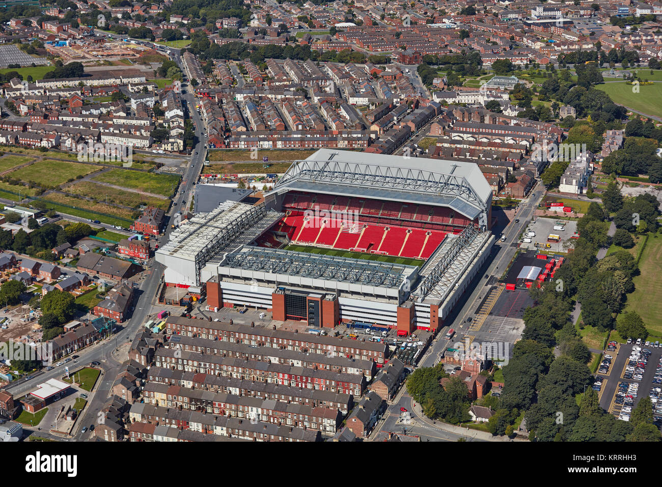 Una veduta aerea di Anfield Stadium, casa di Liverpool FC Foto Stock