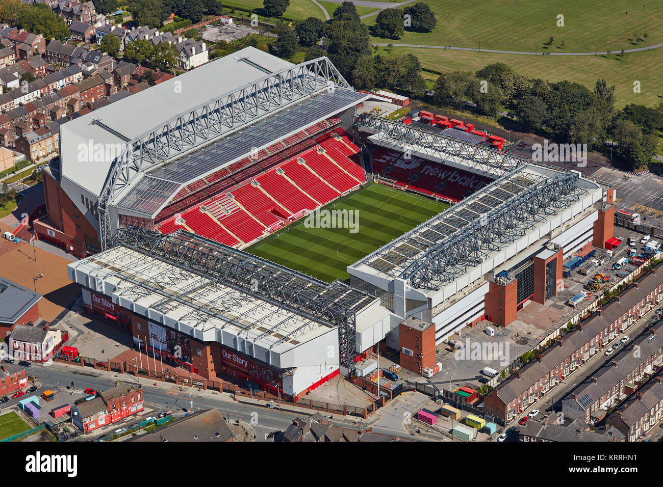 Una veduta aerea di Anfield Stadium, casa di Liverpool FC Foto Stock