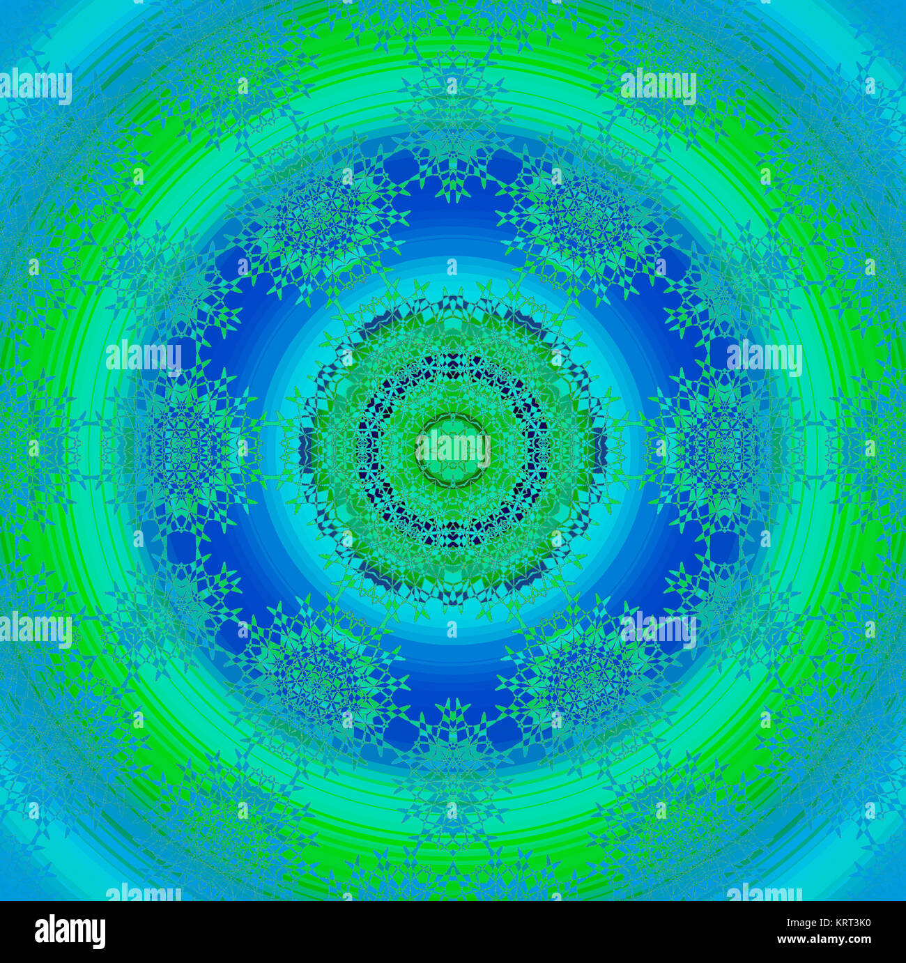 Geometrica astratta sfondo senza giunture. Cerchio concentrico di ornamento in blu sfumature di verde con lacci pattern, ornato e sognante. Foto Stock