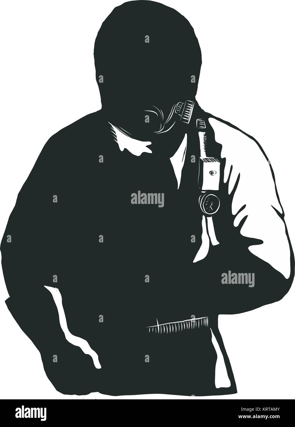 Stile Scratchboard illustrazione di un EMT,emergenza tecnico medico, pompiere, personale paramedico, ricercatore, Lavoratore che indossa Hazmat Suit fatto su raschiare Illustrazione Vettoriale
