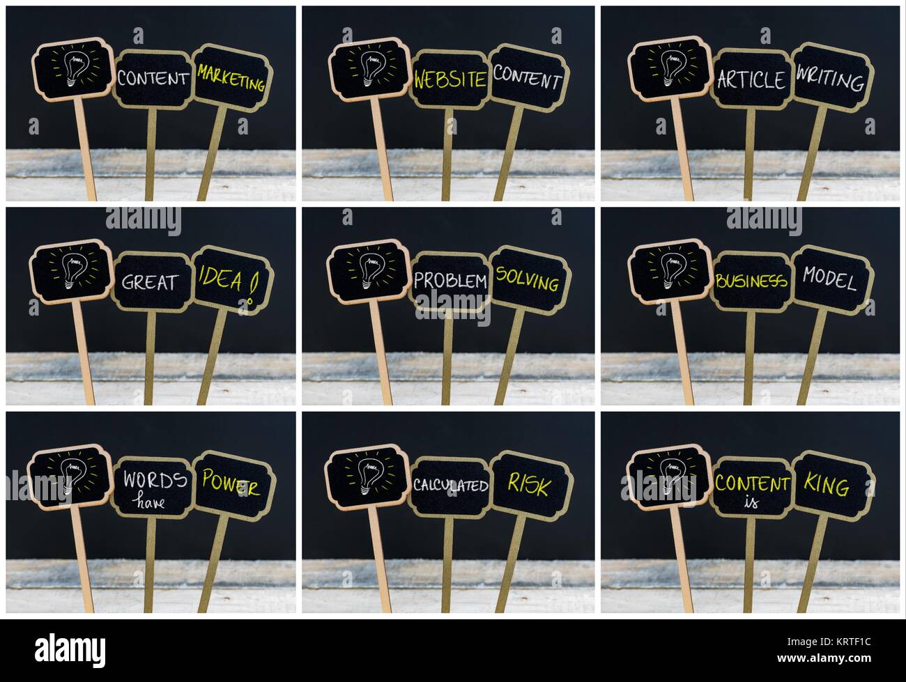 Photo Collage di concetto messaggi scritti con il gesso e la lampadina della luce come simbolo per idea Foto Stock