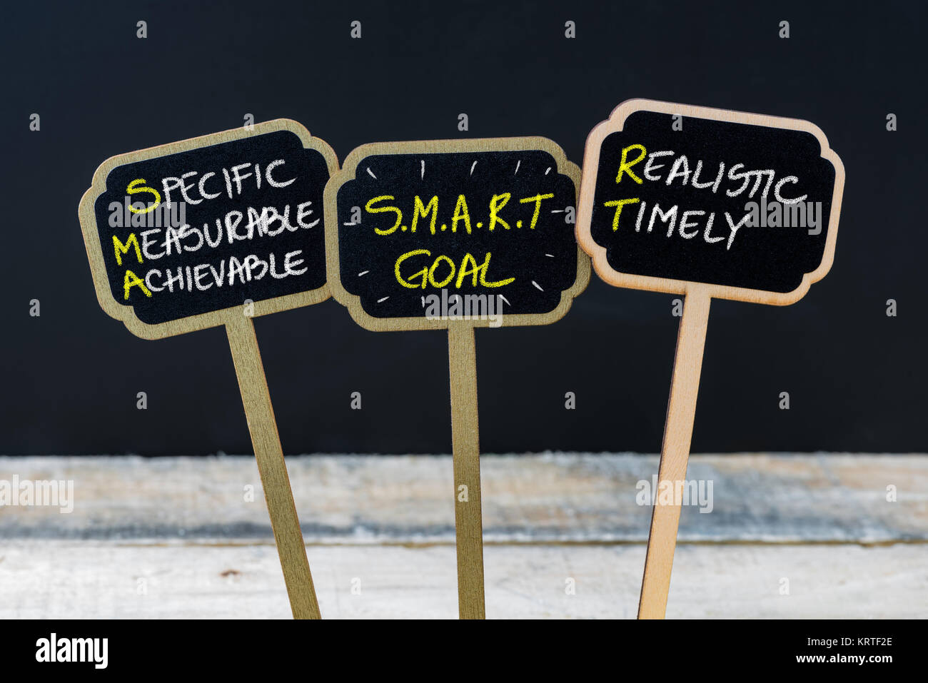 Messaggio di concetto obiettivo SMART scritto con un gessetto su legno mini etichette di Blackboard Foto Stock