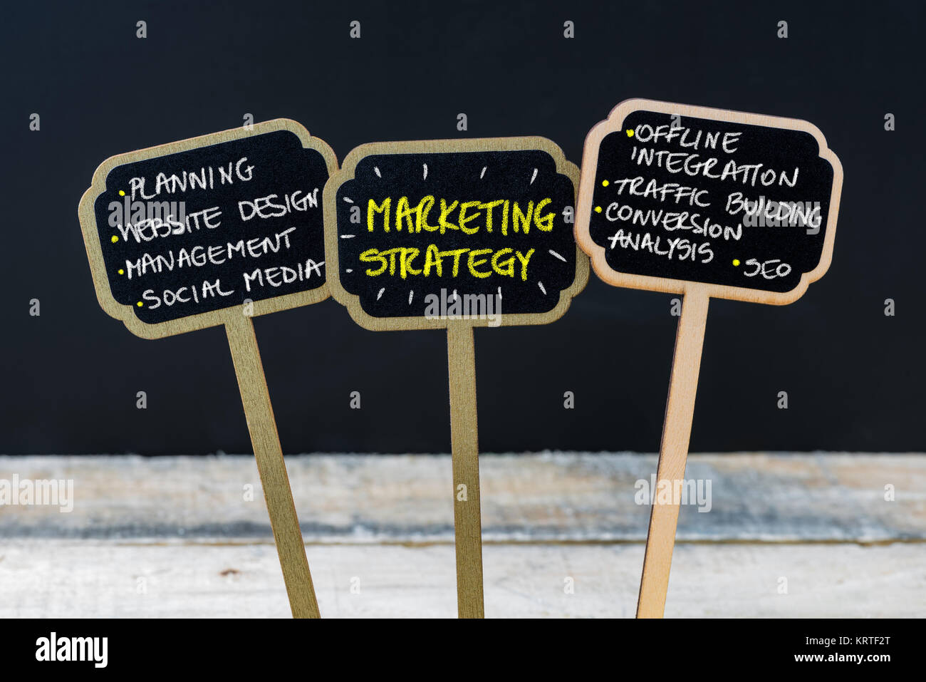 Messaggio di concetto di strategie di marketing scritto con un gessetto su legno mini etichette di Blackboard Foto Stock