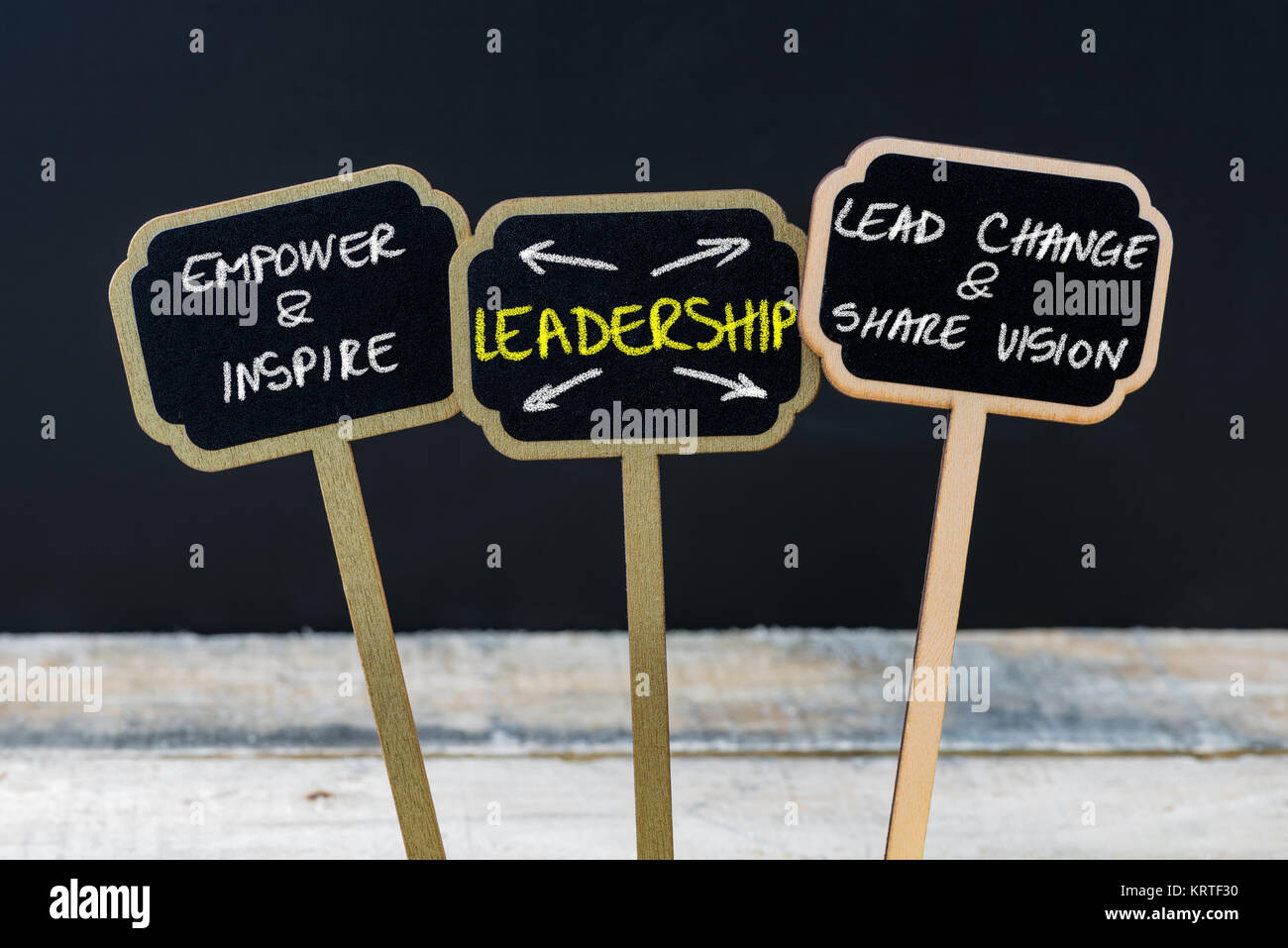 Il concetto di leadership del messaggio scritto con il gesso su legno mini etichette di Blackboard Foto Stock