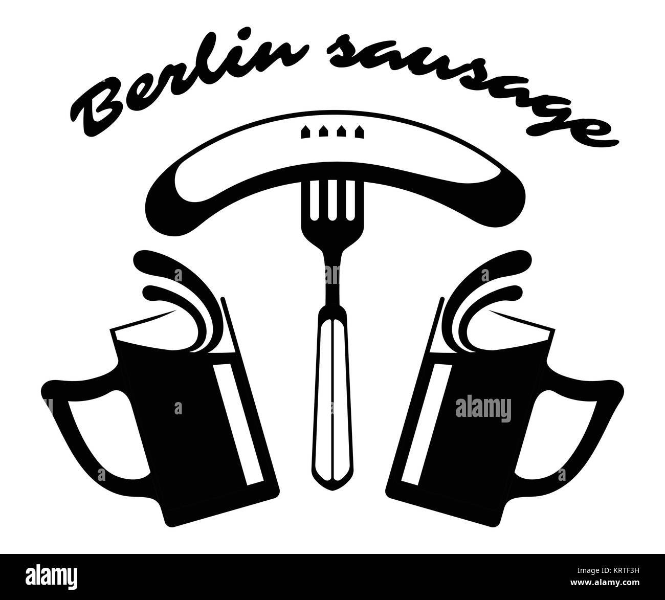 Salsiccia di Berlino - il logo per il vostro ristorante. Insaccato su una forcella e due boccali di birra. Silhouette di vettore. Illustrazione Vettoriale