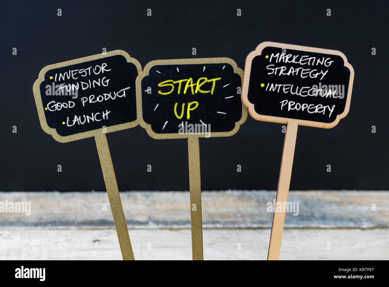 Concetto MESSAGGIO START UP scritto con un gessetto su legno mini etichette di Blackboard Foto Stock