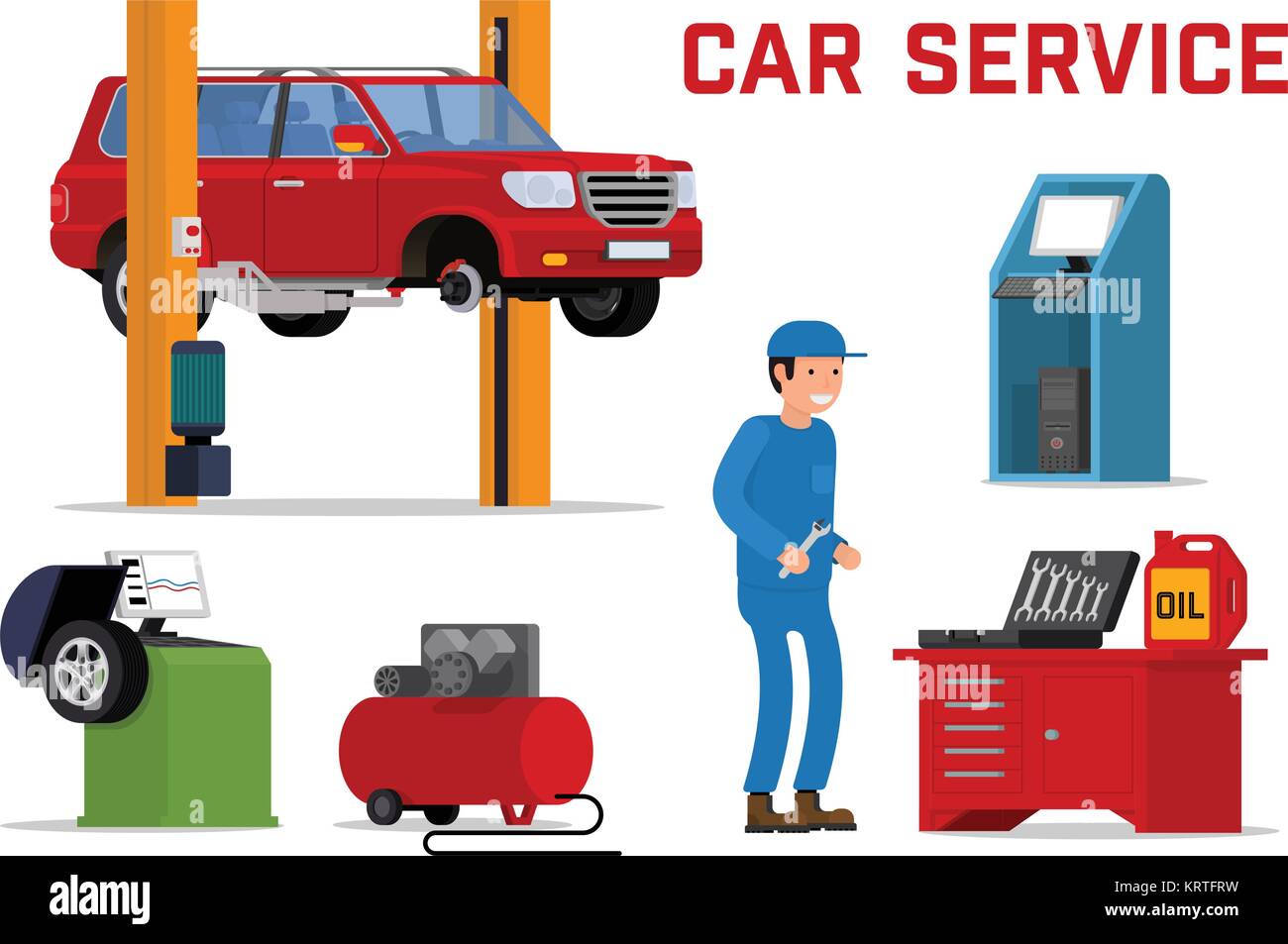 Servizi di auto - manutenzione auto riparazione e diagnostica. Raccordo pneumatico servizio e ottimizzazione. SUV sollevata dal twin post ascensori. Illustrazione Vettoriale. Illustrazione Vettoriale