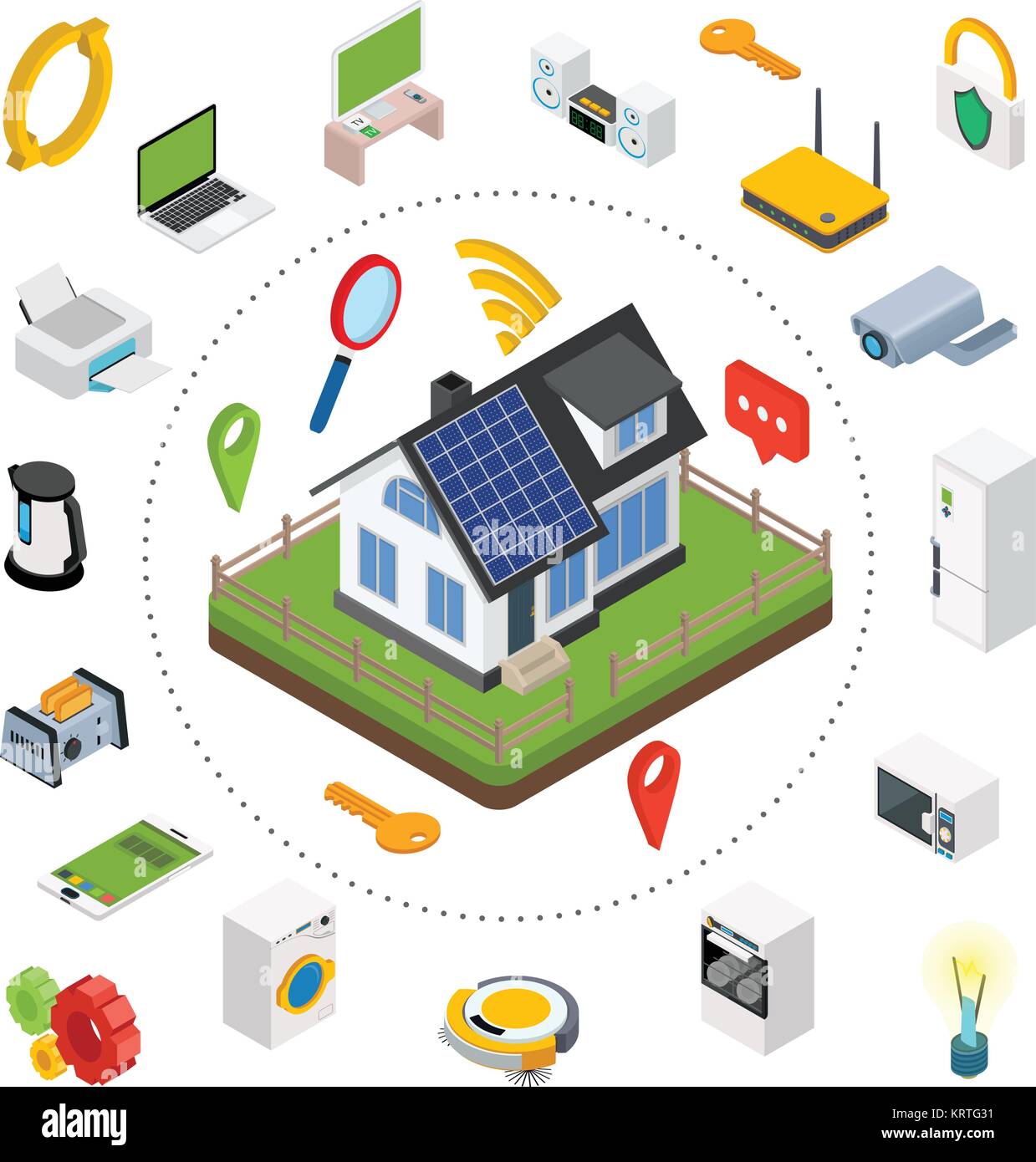 Casa intelligente. Isometrica stile design illustrazione vettoriale concetto di casa intelligente tecnologia con sistema di controllo centralizzato. Illustrazione Vettoriale