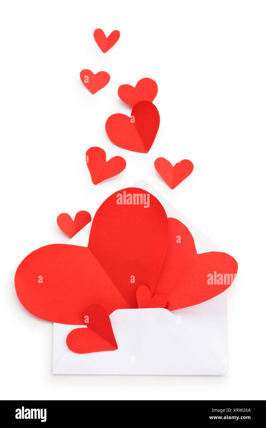 La busta e la carta rossa cuori. Foto Stock