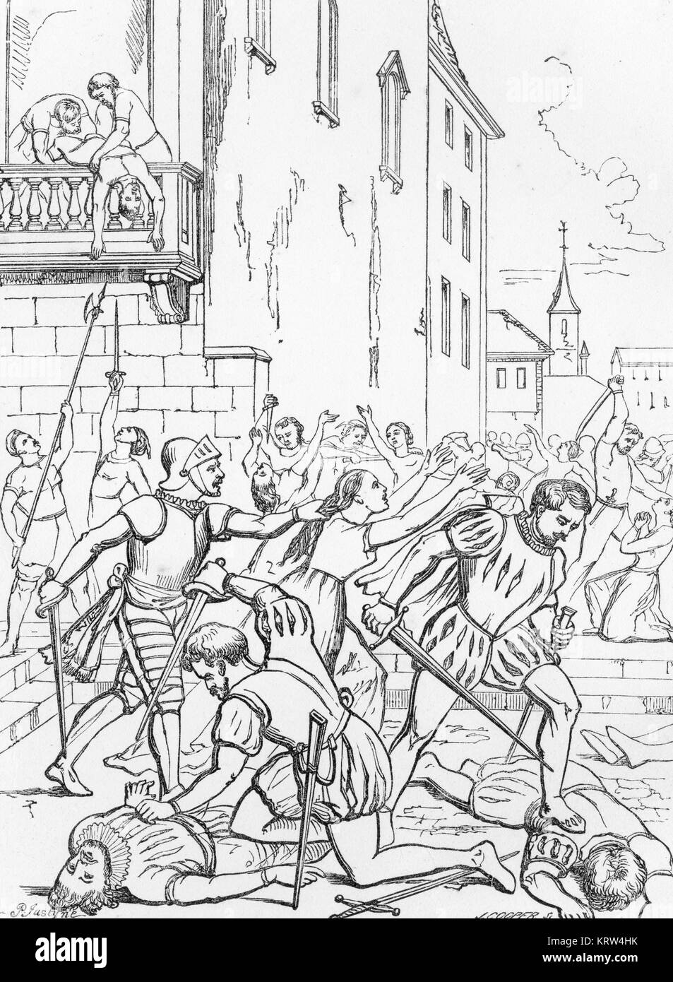 Una incisione della St Bartholemew giorno del massacro del 24 agosto 1572, quando i cattolici romani assassinati almeno 70.000 ugonotti in tutta la Francia. Foto Stock