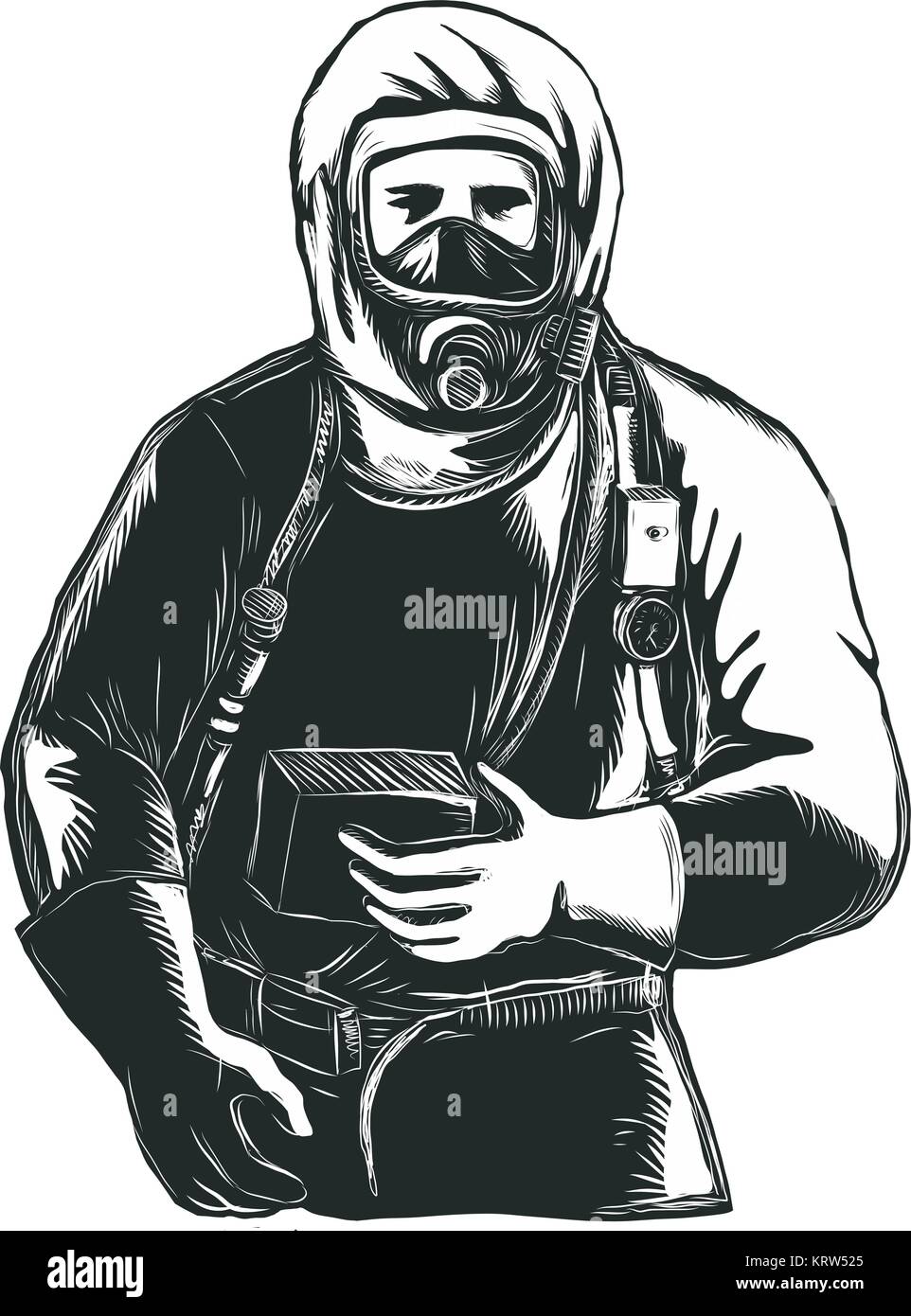 Stile Scratchboard illustrazione di un EMT,emergenza tecnico medico, pompiere, personale paramedico, ricercatore, Lavoratore che indossa Hazmat Suit fatto su raschiare Illustrazione Vettoriale