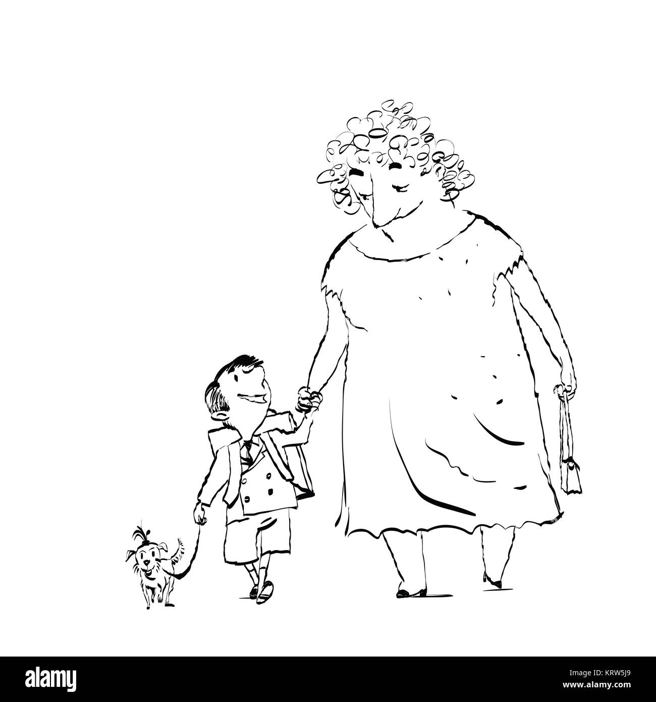 Nonna e nipote e cane su una passeggiata Foto Stock Nonna e nipote e cane su una passeggiata Foto Stock
