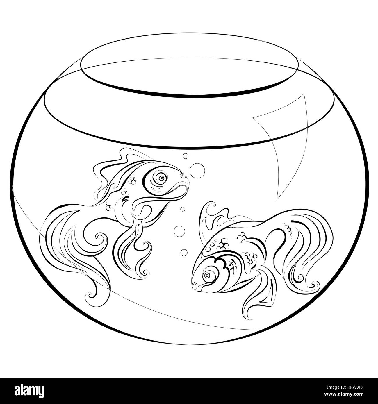 Illustrazione nessun colore di riempimento - due pesciolino stilizzato in un acquario Foto Stock