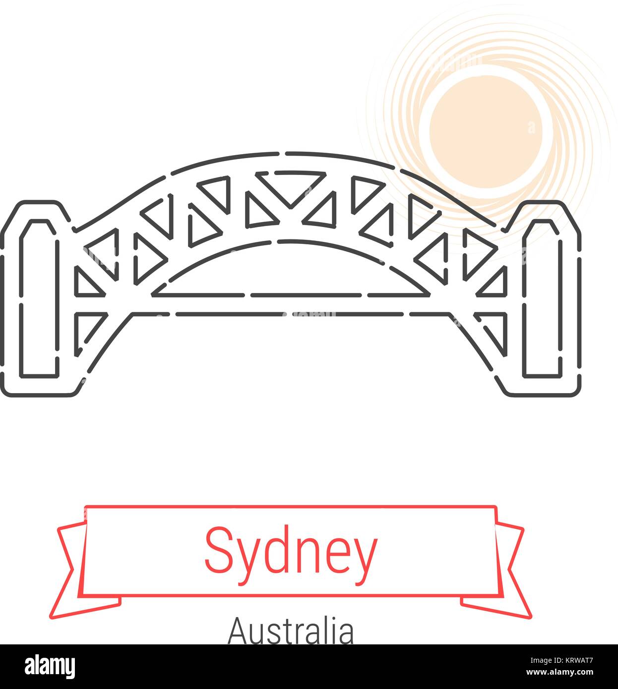 Sydney, Australia linea del vettore Icona con nastro rosso isolato su bianco. Punto di riferimento di Sydney - Emblema - Stampa - Etichetta - Simbolo. Il Ponte del Porto di Sydney Illustrazione Vettoriale