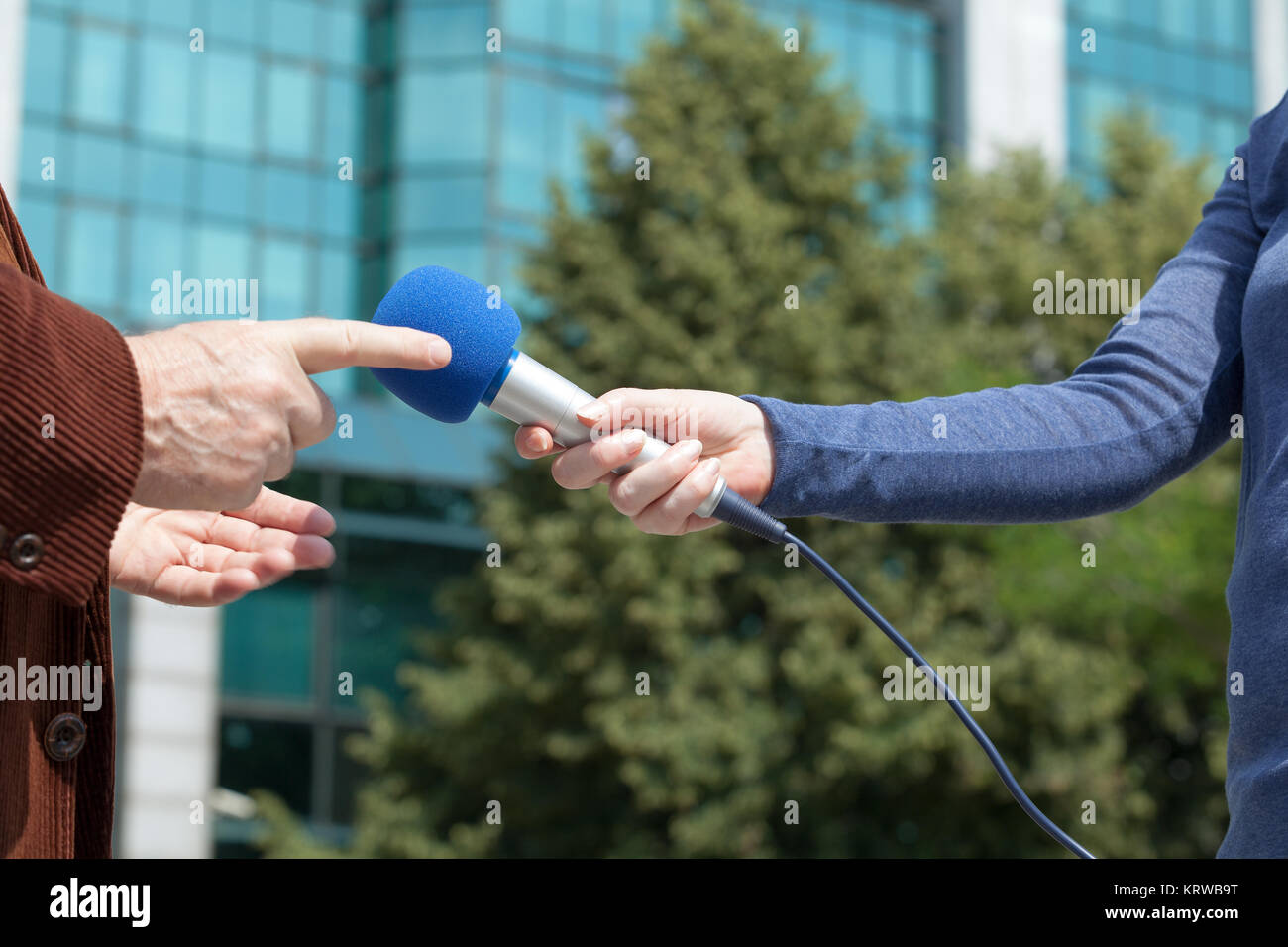 Giornalista condurre un colloquio con il proprietario o politico Foto Stock