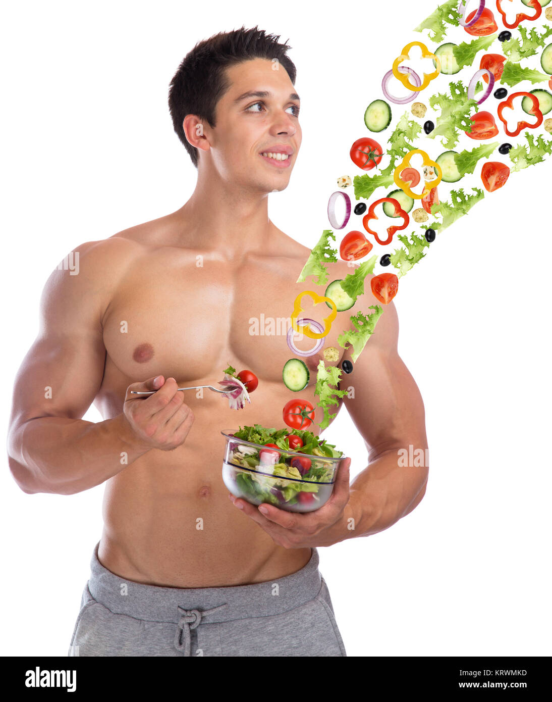 Bodybuilding dieta bodybuilder mangiare sano lattuga battenti muscoli uomo sano tagliare Foto Stock