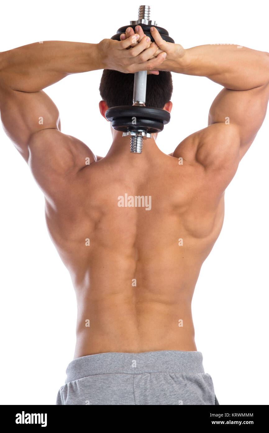 Bodybuilder Bodybuilding formazione Muskeln Trizeps Hantel Rücken Mann stark muskulös jung Freisteller freigestellt vor einem weissen Hintergrund Foto Stock