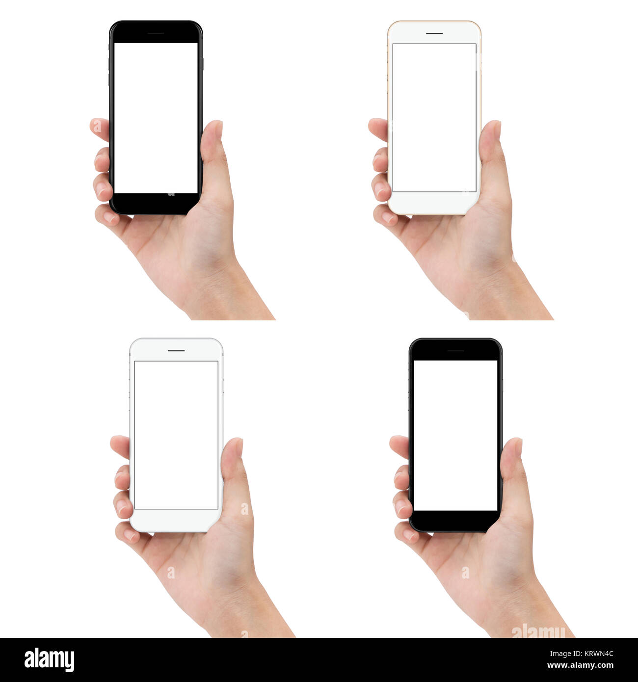 Stretta di mano tenere il telefono isolato su sfondo bianco, mock-up nuovo smartphone lo schermo è vuoto Foto Stock