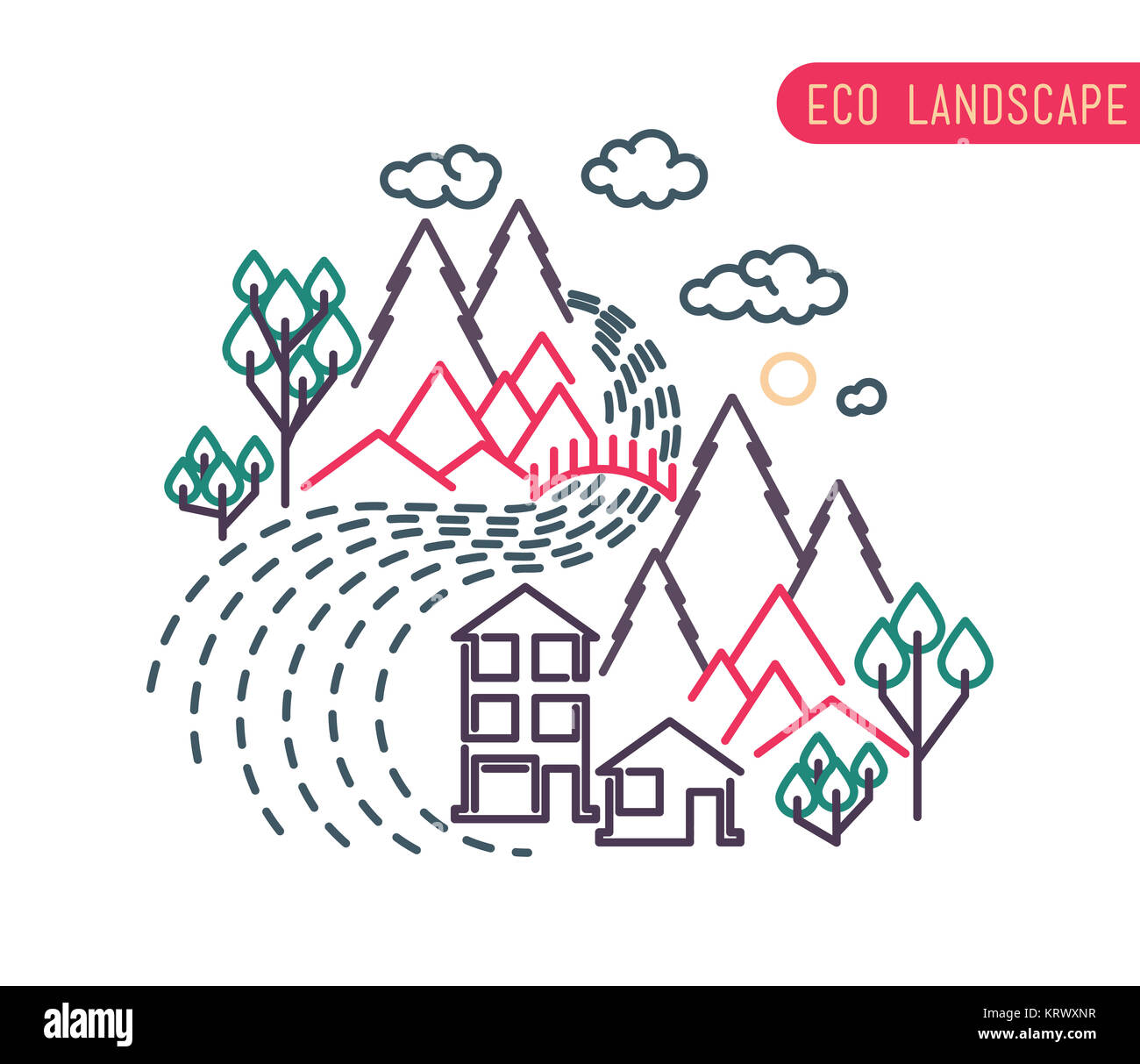 Linea sottile piatto paesaggio eco design, rurale di fondo Foto Stock