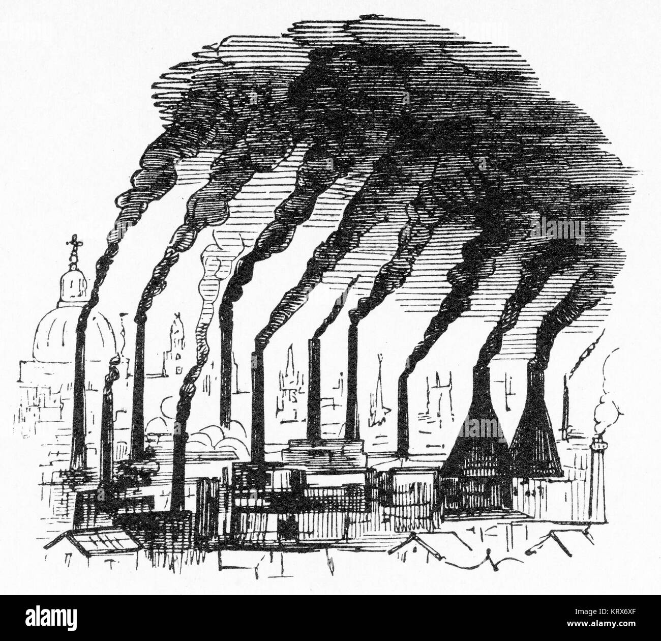 Incisione di Inghilterra vittoriana skyline di Londra con il carbone-burning factory ciminiere, dal punzone magazine Foto Stock