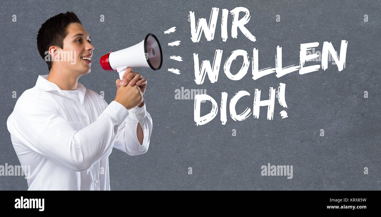 Occupazione il concetto di business i processi di lavoro di applicazione si applicano ai dipendenti cerca giovane uomo megafono Foto Stock