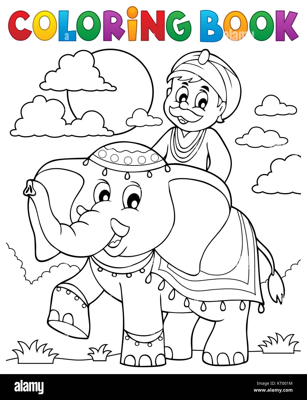 Libro da colorare uomo che viaggia su elefante Foto Stock