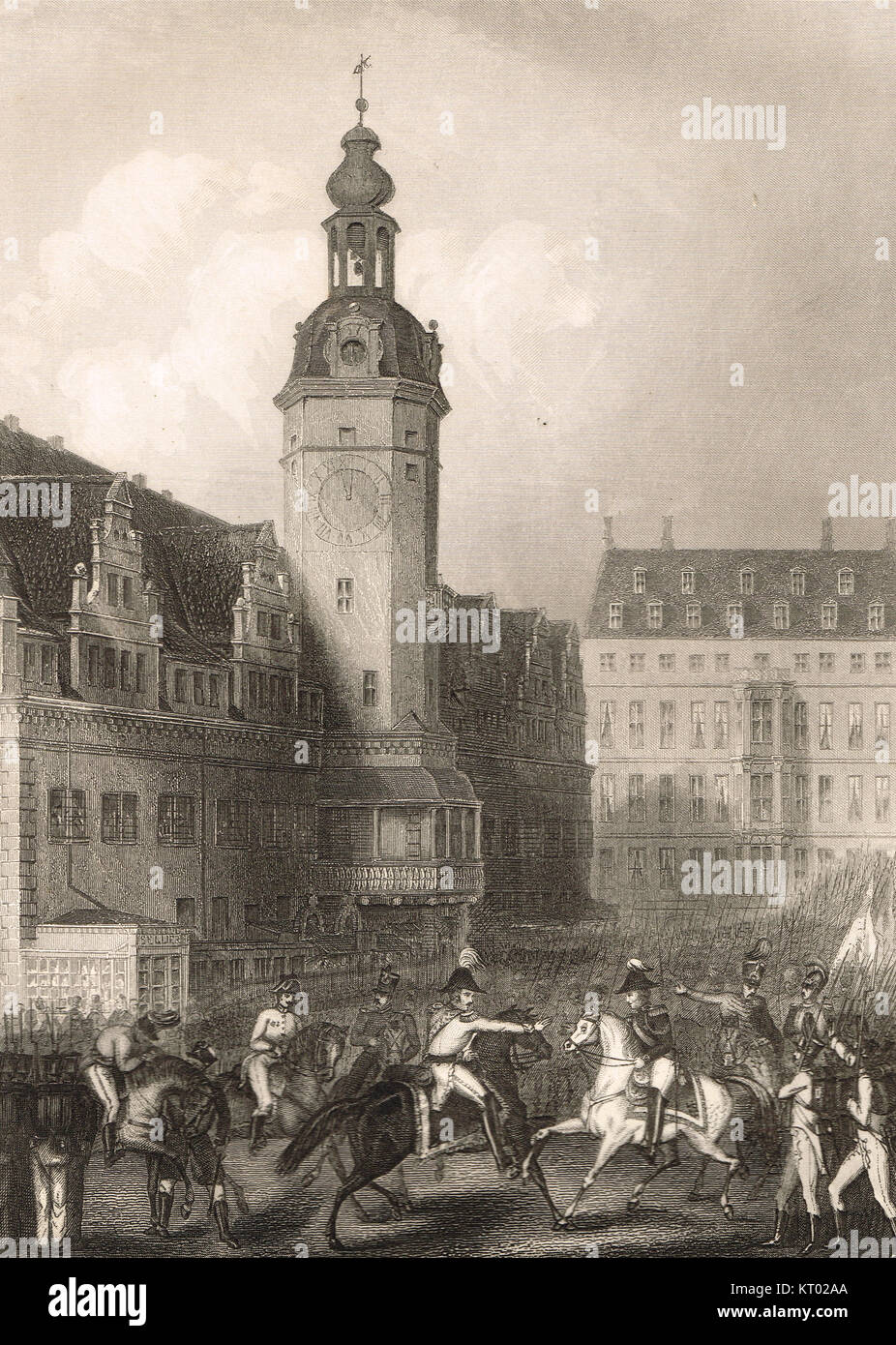 Incontro degli imperatori di Russia e Austria presso il Municipio di Lipsia, Germania, 1813 Foto Stock
