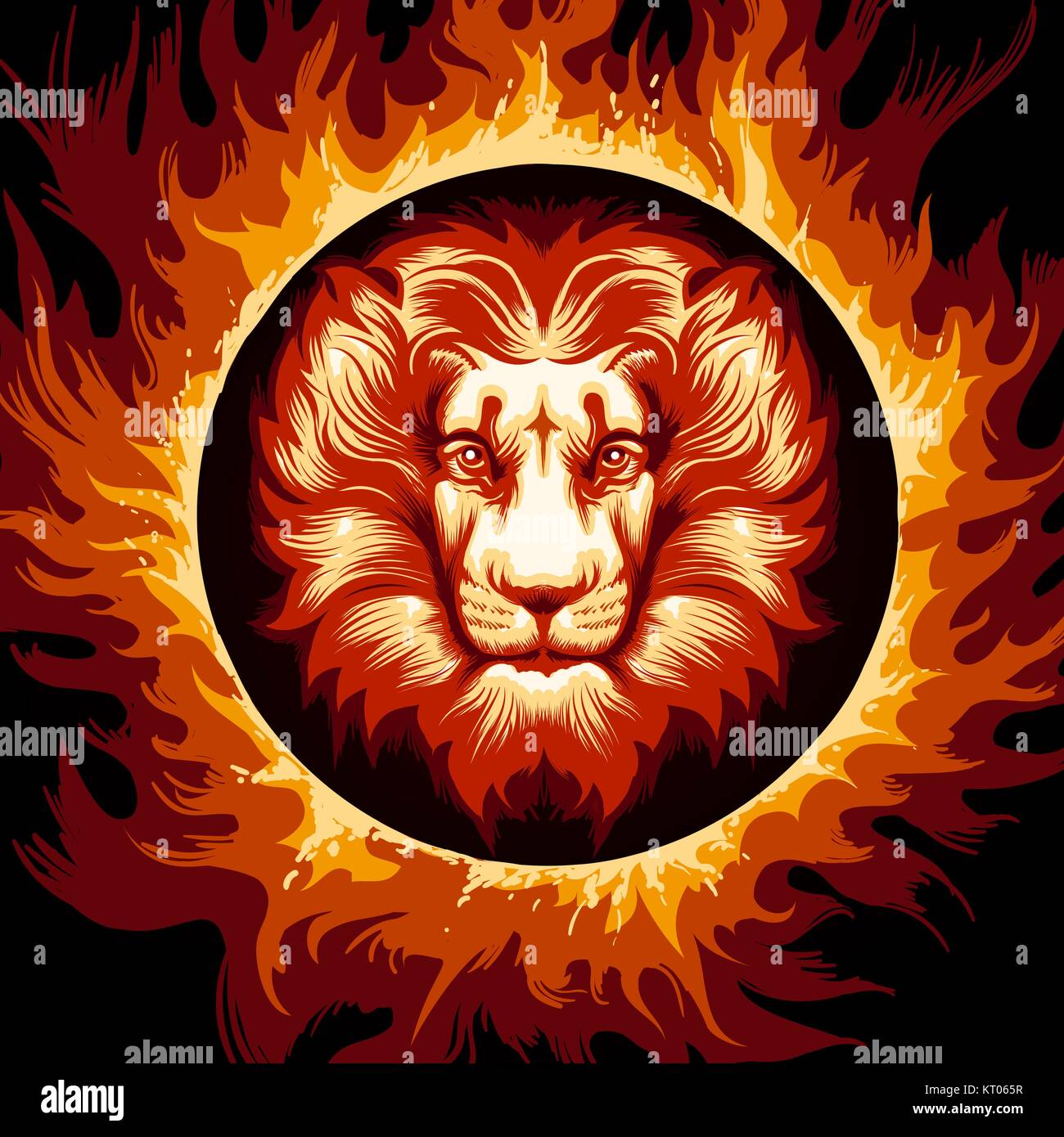 Testa leone nella fiamma. Il simbolo dello zodiaco leone a fuoco lo sfondo. Illustrazione Vettoriale. Illustrazione Vettoriale