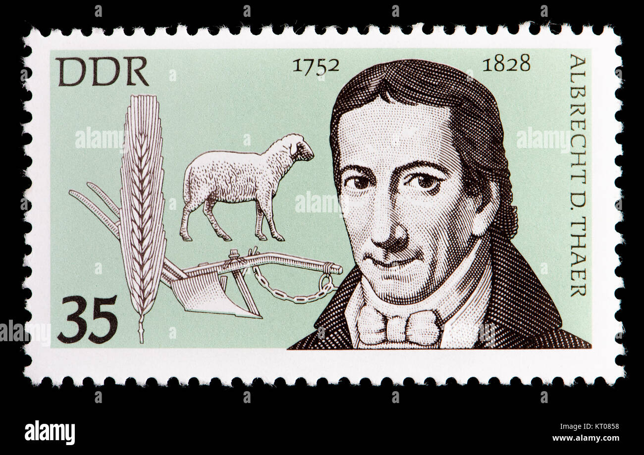 Tedesco orientale (DDR) francobollo (1977): Albrecht Daniel Thaer (1752 - 1828) Tedesco agronomo e agricoltore Foto Stock